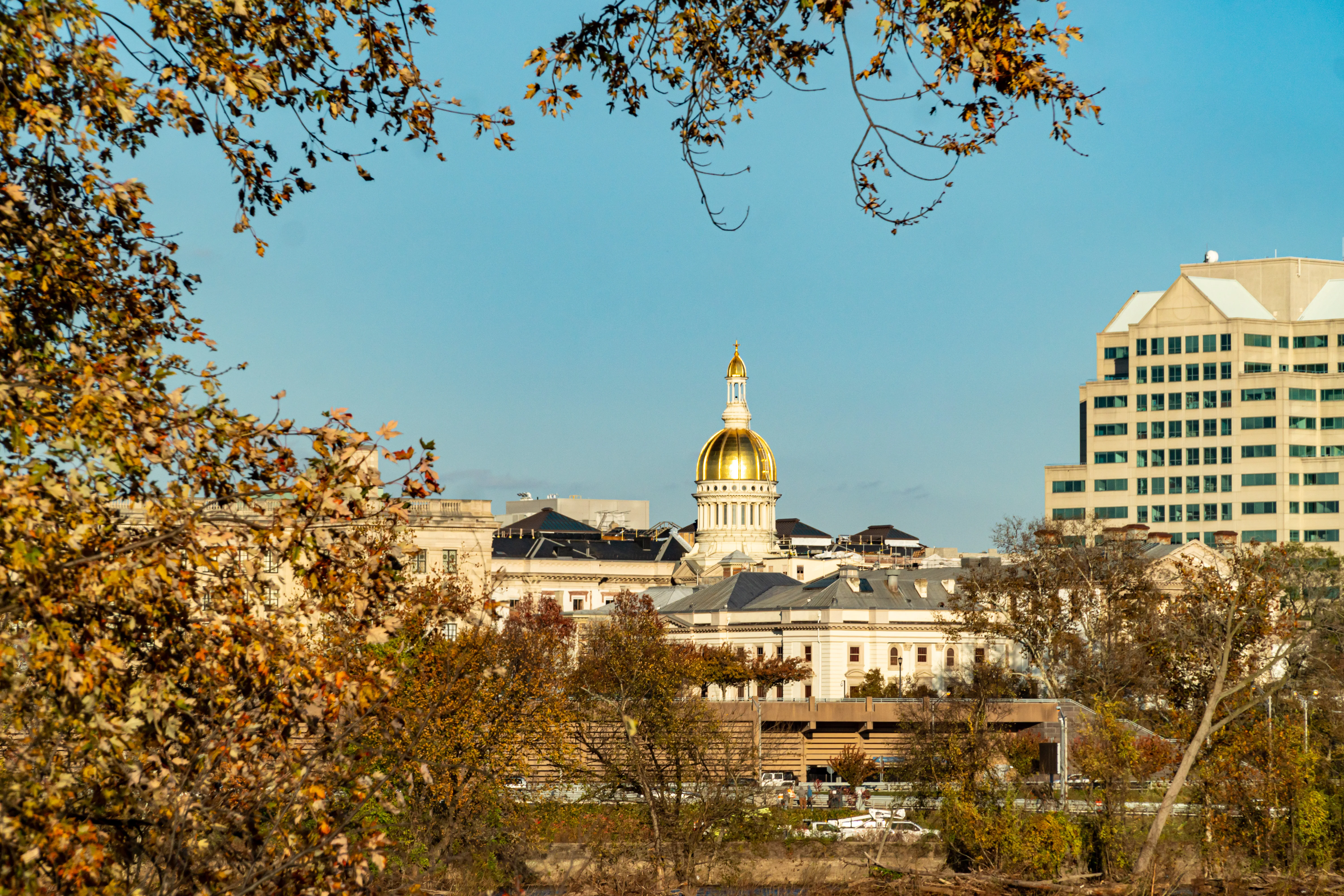a wide, long shot of the new jersey state house. trees in the foreground