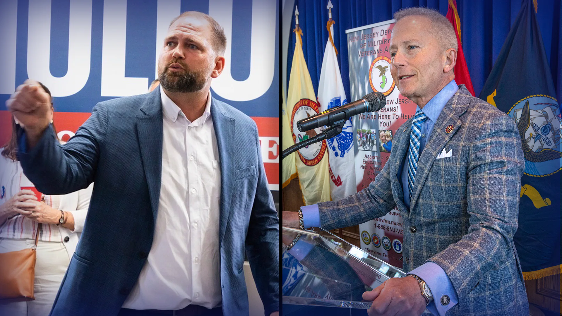 a split image of Zack Mullock on the left and Jeff Van Drew on the right