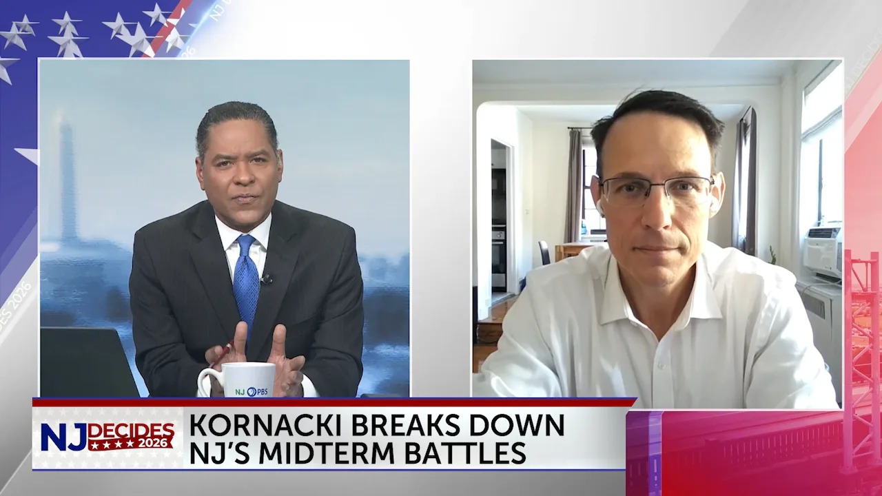 Split-screen image of NJ PBS News anchor Rob Nelson in a dark suit and blue tie in the studio and NBC News chief data analyst Steve Kornacki wearing glasses and a white shirt in a home setting. The banner reads “Kornacki breaks down NJ’s midterm battles” and “NJ Decides 2026.”