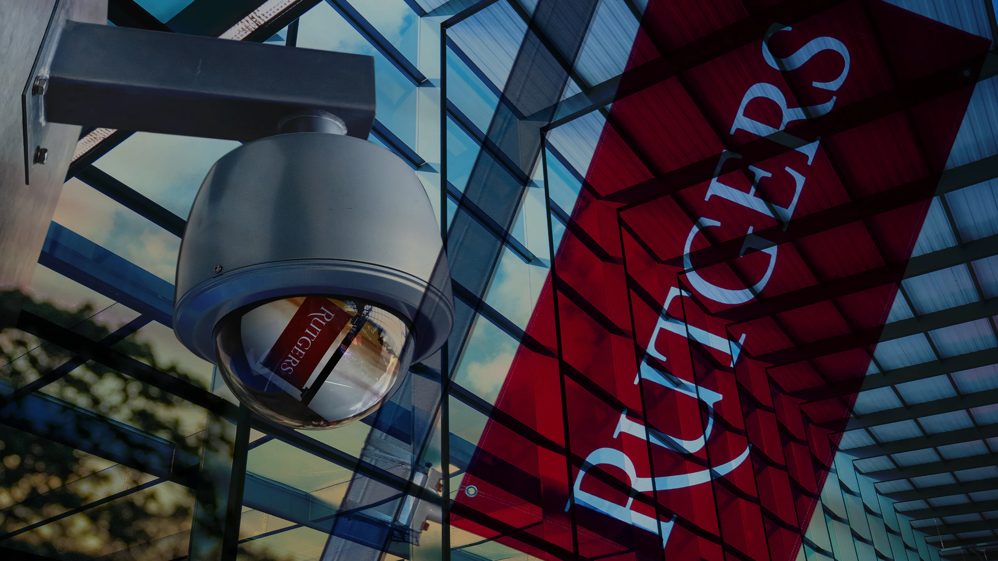 a stylized image of a surveillance camera on the left and a rutgers university banner on the right