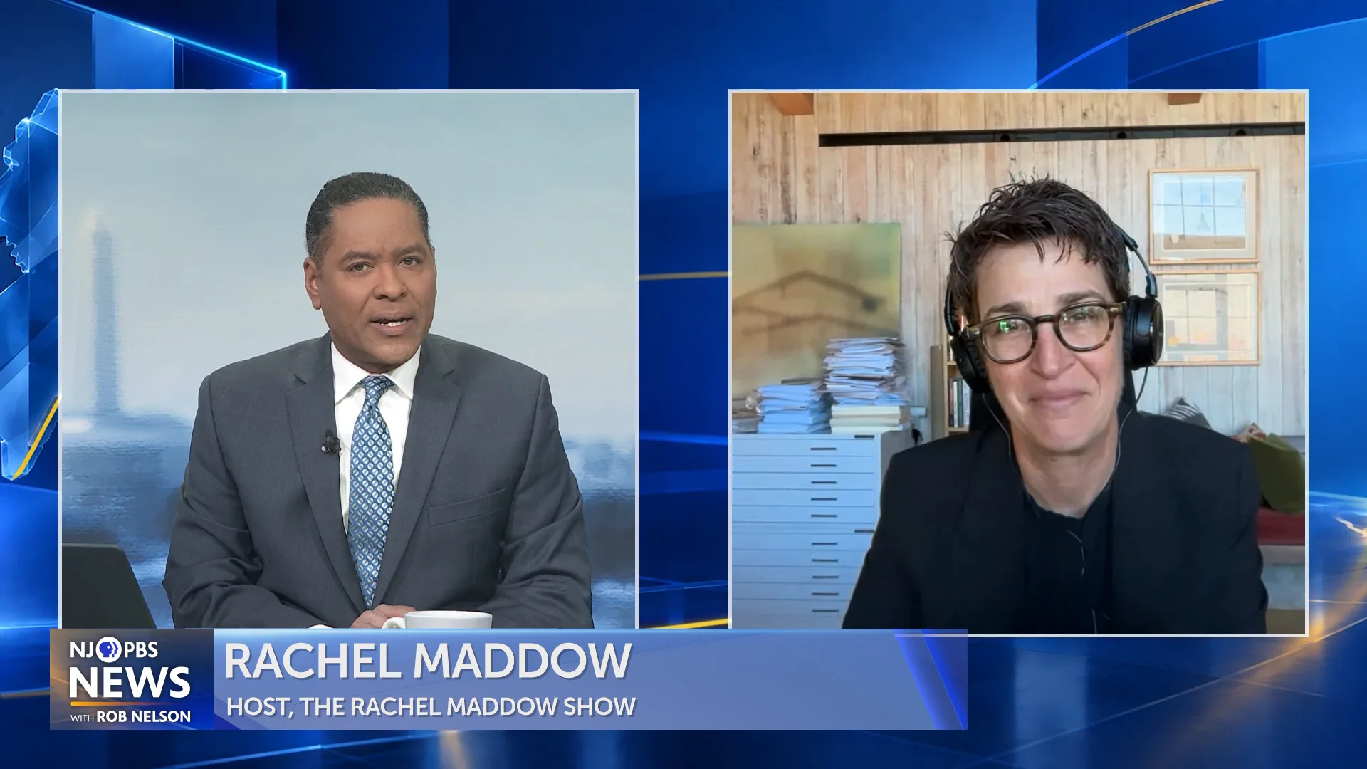 Split-screen image of NJ PBS News anchor Rob Nelson in a suit on the left and Rachel Maddow wearing glasses and headphones in a home office on the right. A lower-third graphic identifies Maddow as host of The Rachel Maddow Show.